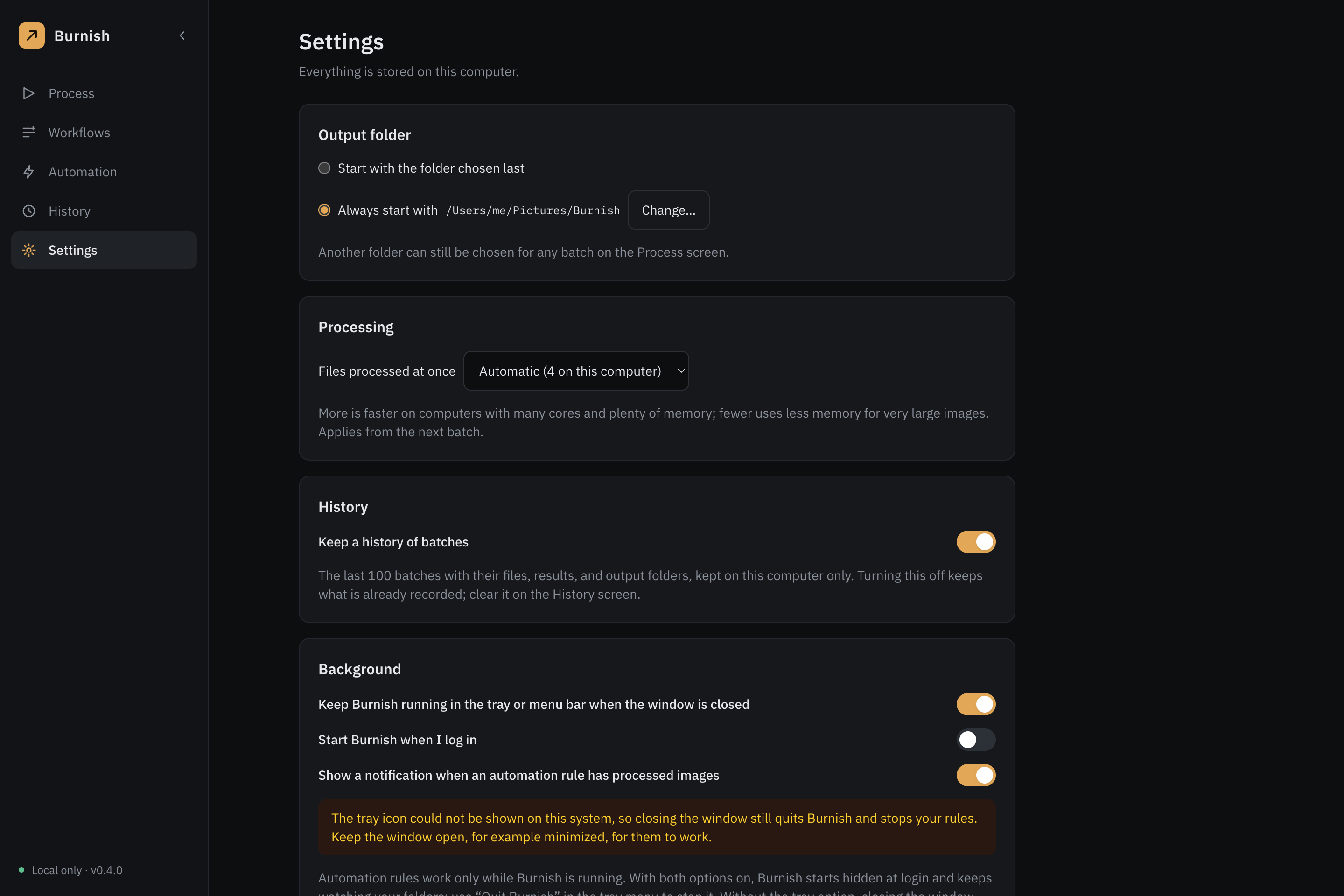 The Settings screen: output folder, processing, history, and background options