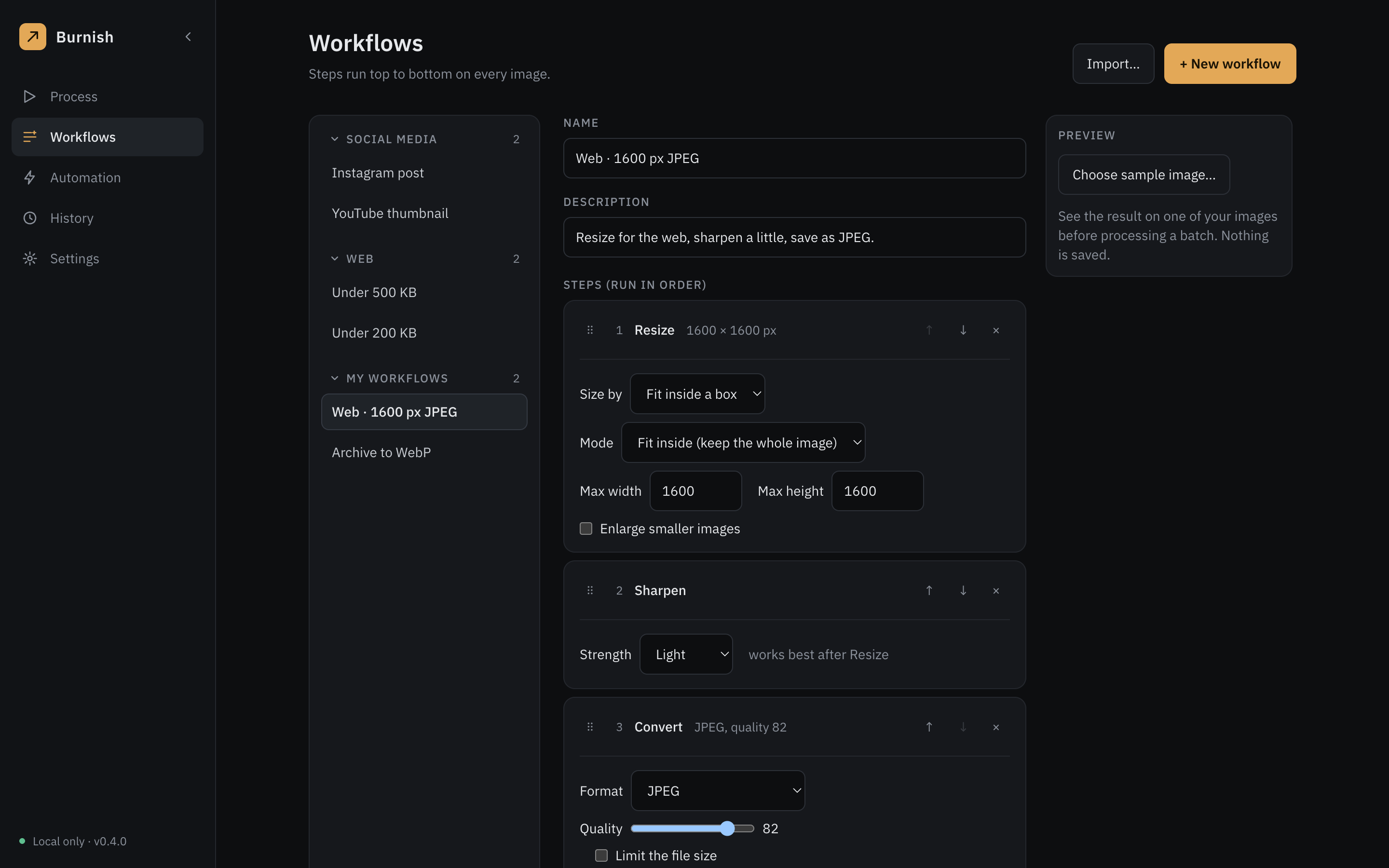 The Workflows screen: a list of workflows, and the steps of one workflow with their options